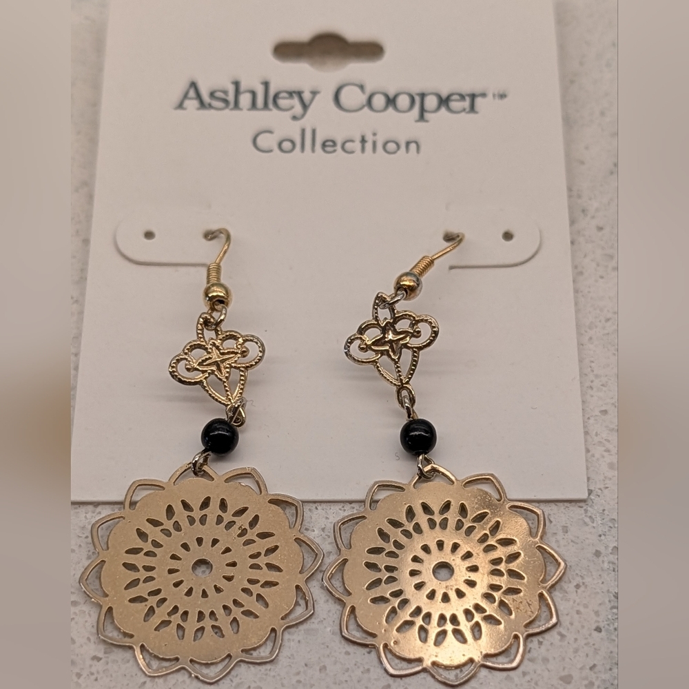 Ashley Cooper Gold Filigree Earrings with Black Accents